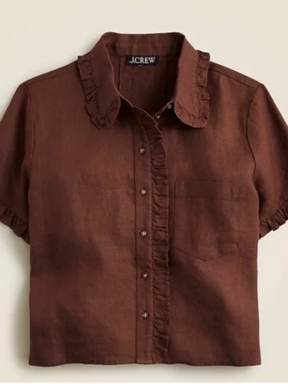 J. Crew Brown Linen Ruffle-Trim Short-Sleeve Peter Pan Collar Shirt